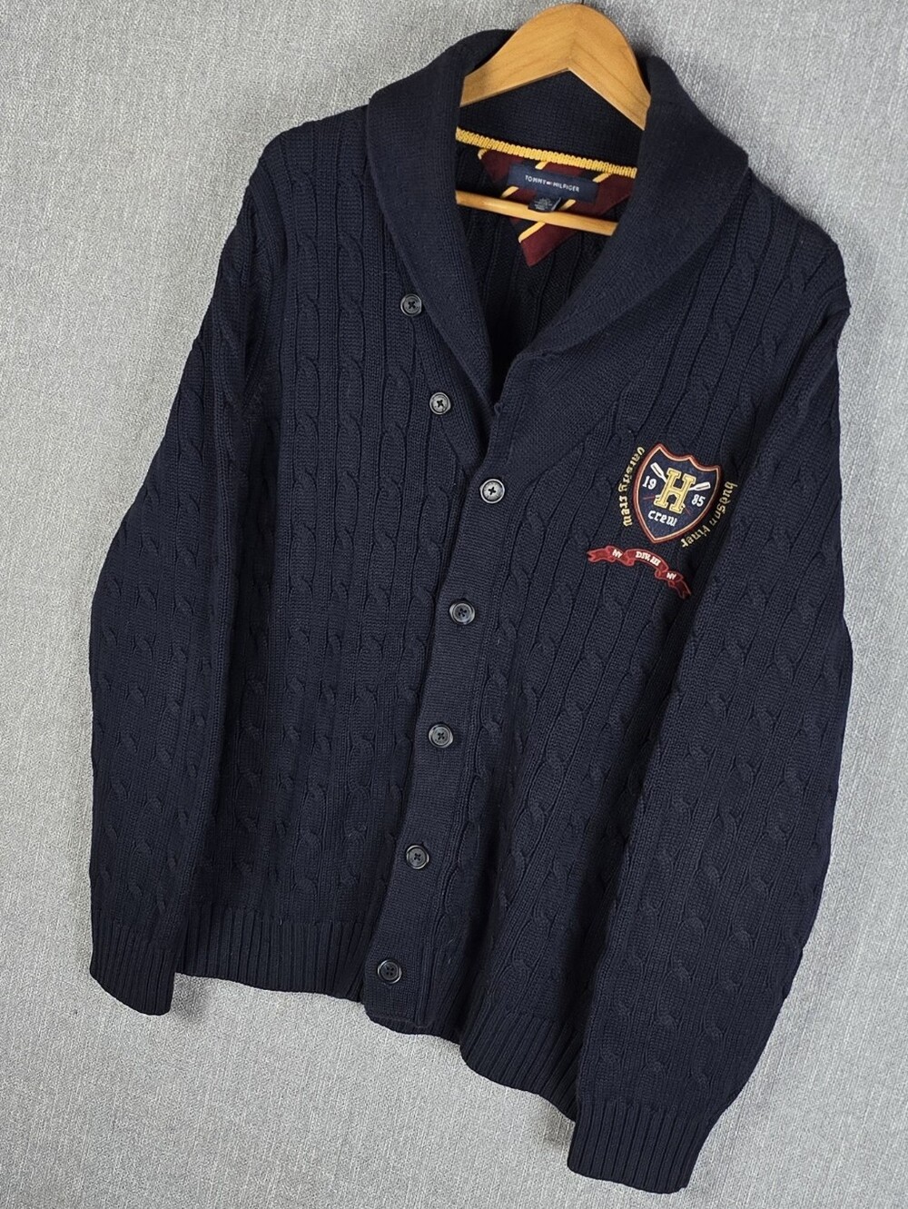 Tommy Hilfiger Navy Cable-knit Shawl Collar Cardigan Hudson River Varsity Sz L